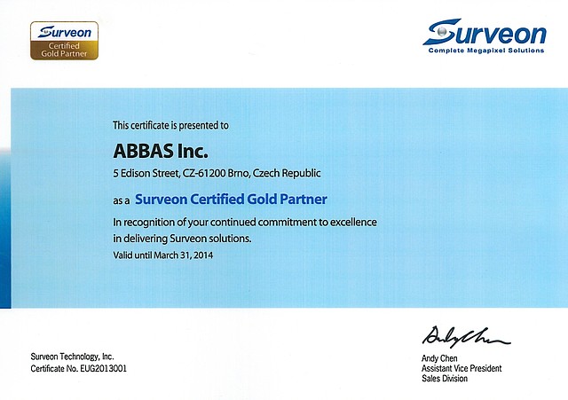 Certifikát Surveon Gold Partner firmy ABBAS, a.s.